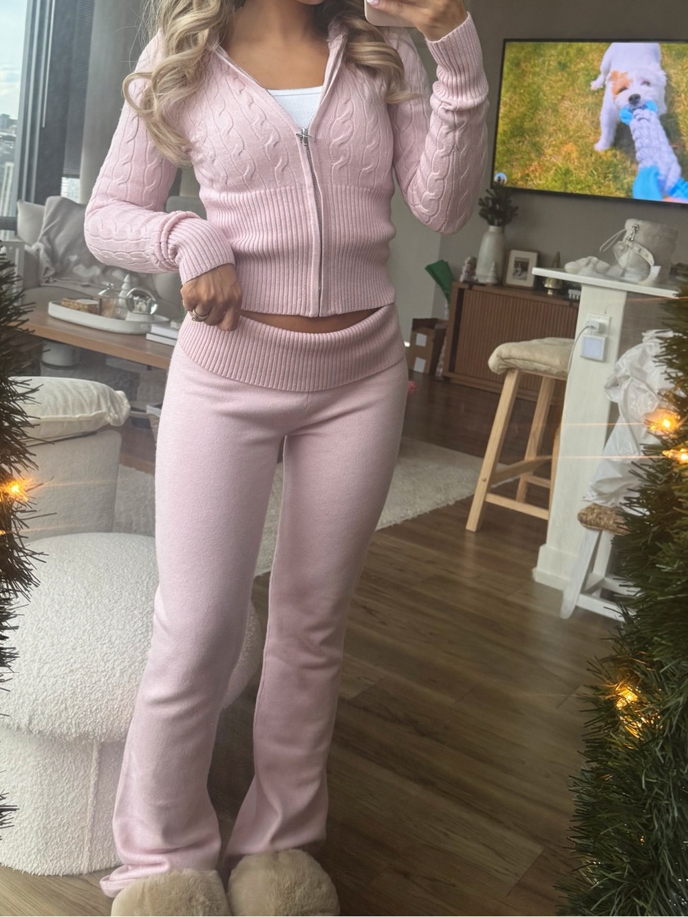 Gilly Hicks Pink Cable Knit Hooded Zip Sweater & Matching Boot Cut Pants